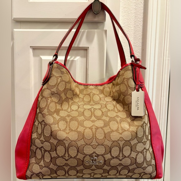 Coach Handbags - EUC! COACH SIGNATURE CANVAS SHOULDER BAG WITH RED LEATHER TRIM
NO CALLOUTS